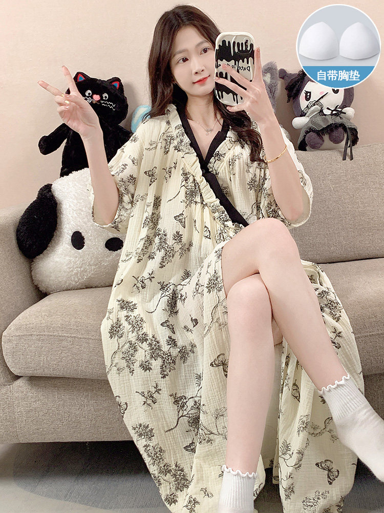 睡袍女款夏季带胸垫高级感短袖睡裙夏天和服式浴袍女士睡衣家居服