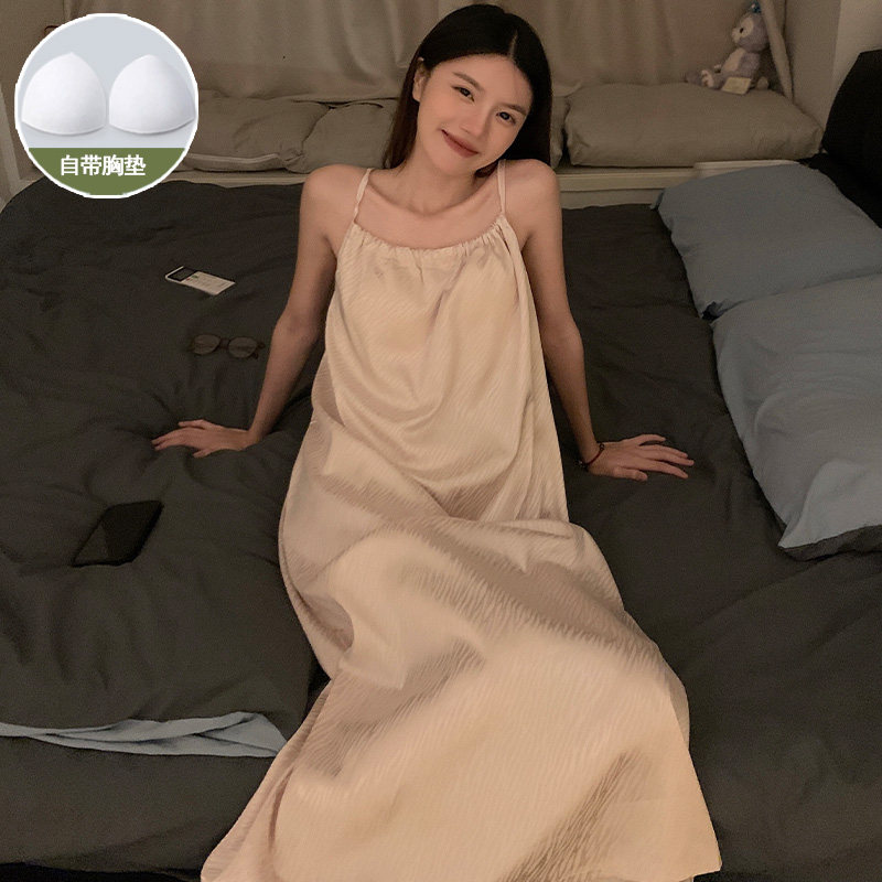 睡裙女款夏季带胸垫一体简约纯色冰丝绸吊带睡衣夏天可外穿家居服