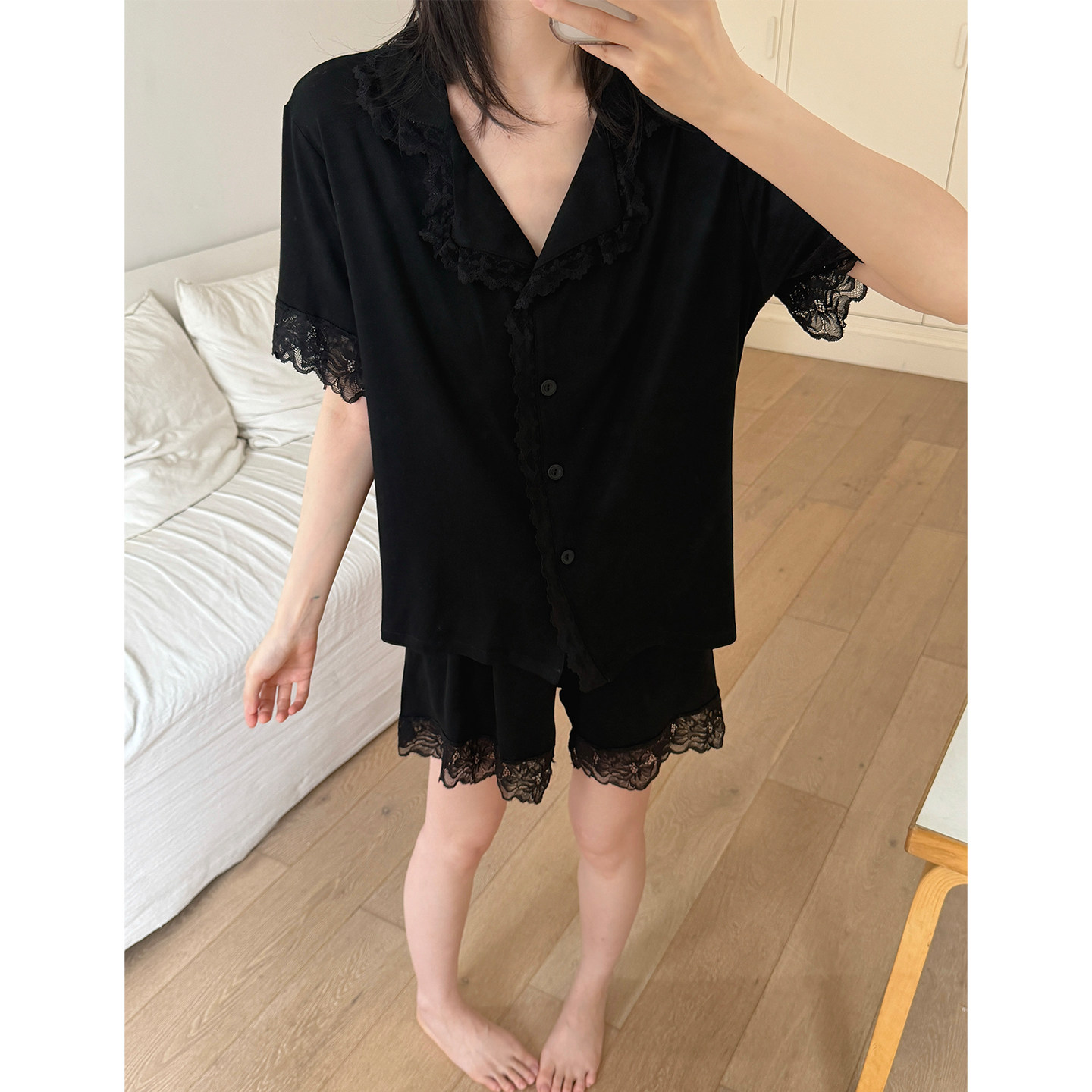 女士睡衣夏季薄款2026新款蕾丝花边短袖短裤可外穿夏天家居服套装