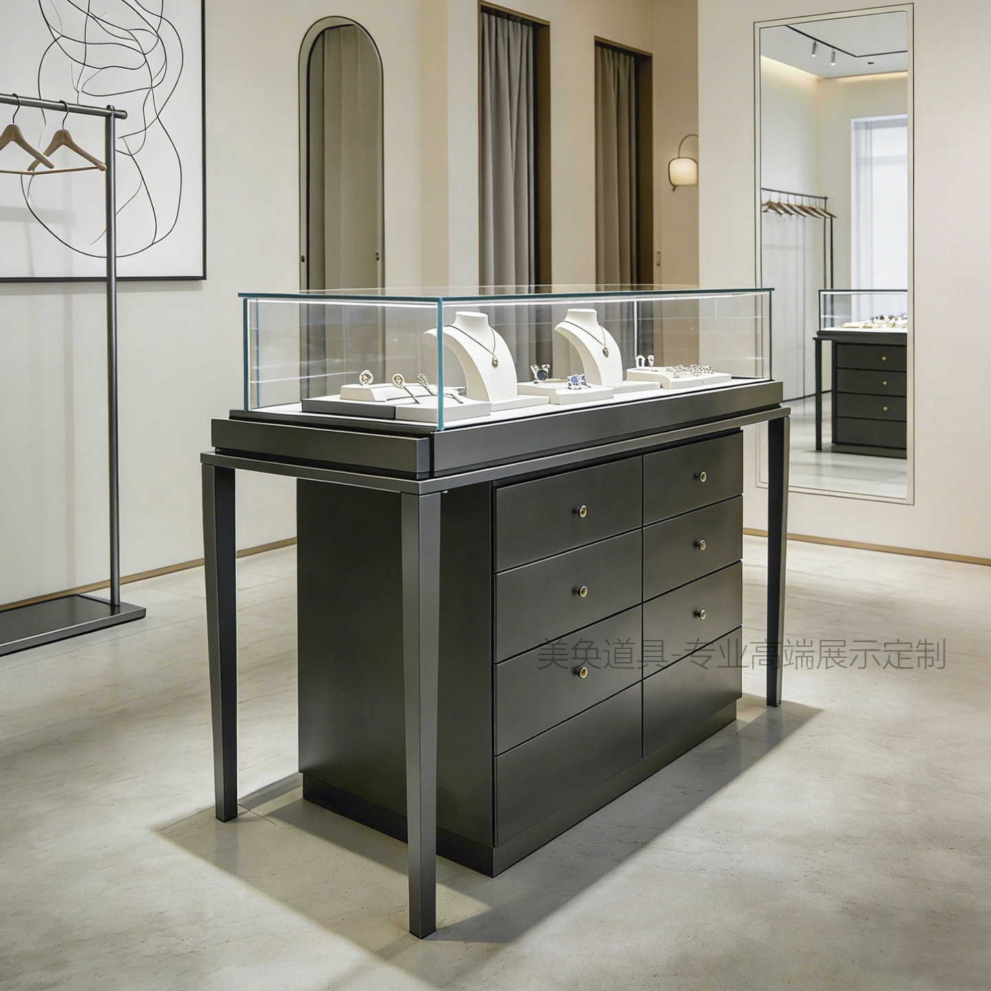 美奂现代简约玻璃展示柜多功能岛式珠宝陈列柜钢化玻璃可定制