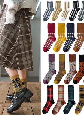 秋冬双针双路复古学院风条纹豹纹经典格子百搭时尚女士堆堆中筒袜