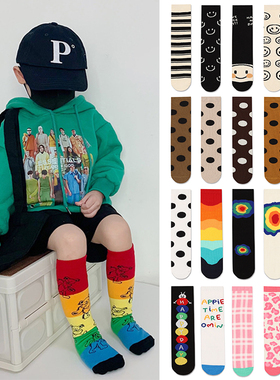 新品日系可爱卡通笑脸波点豹纹彩色字爱心宝宝儿童中长筒小腿棉袜