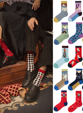 春秋新品原创可爱卡通猫咪老鼠扑克插画时尚个性潮ins男女中筒袜