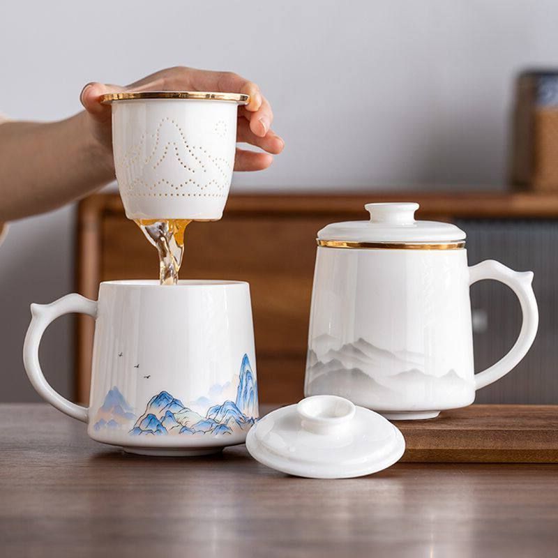 羊脂玉茶杯陶瓷茶水分离办公杯