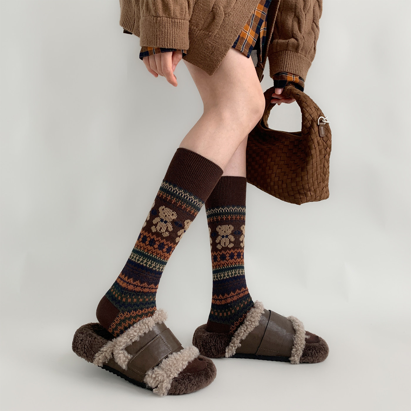 UINXX袜子女小腿袜春秋款复古小熊印花中筒袜费尔岛拼接及膝袜子,女士内衣/男士内衣/家居服,长筒袜,淘宝优惠券,粉丝福利购,淘宝优惠卷