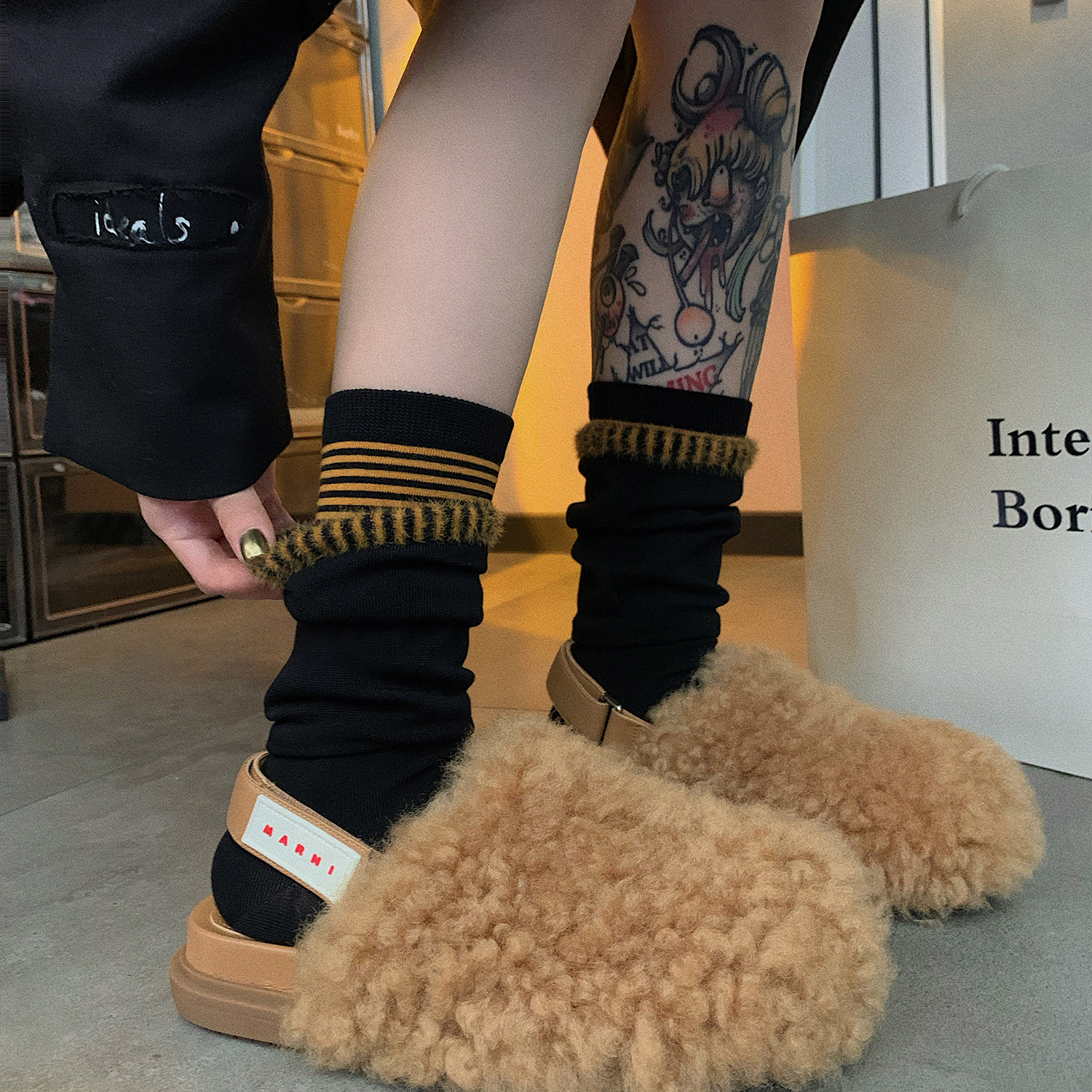 UINXX小众设计拼接条纹棉袜双层喇叭口堆堆袜撞色假两件立体感袜