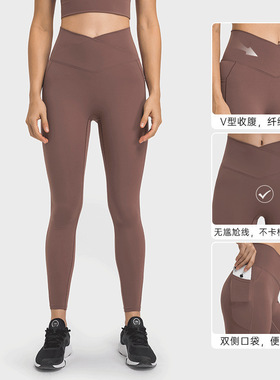 欧美新款交叉腰头运动紧身裤女 无T线高弹提臀九分瑜伽裤DL199
