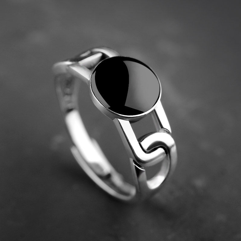 清雨银时尚S925纯银复古泰银黑色开口戒指指环男女情侣潮戒