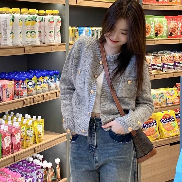 春2026新款法式高级感小香风毛衣外套慵懒风薄款灰色针织开衫女