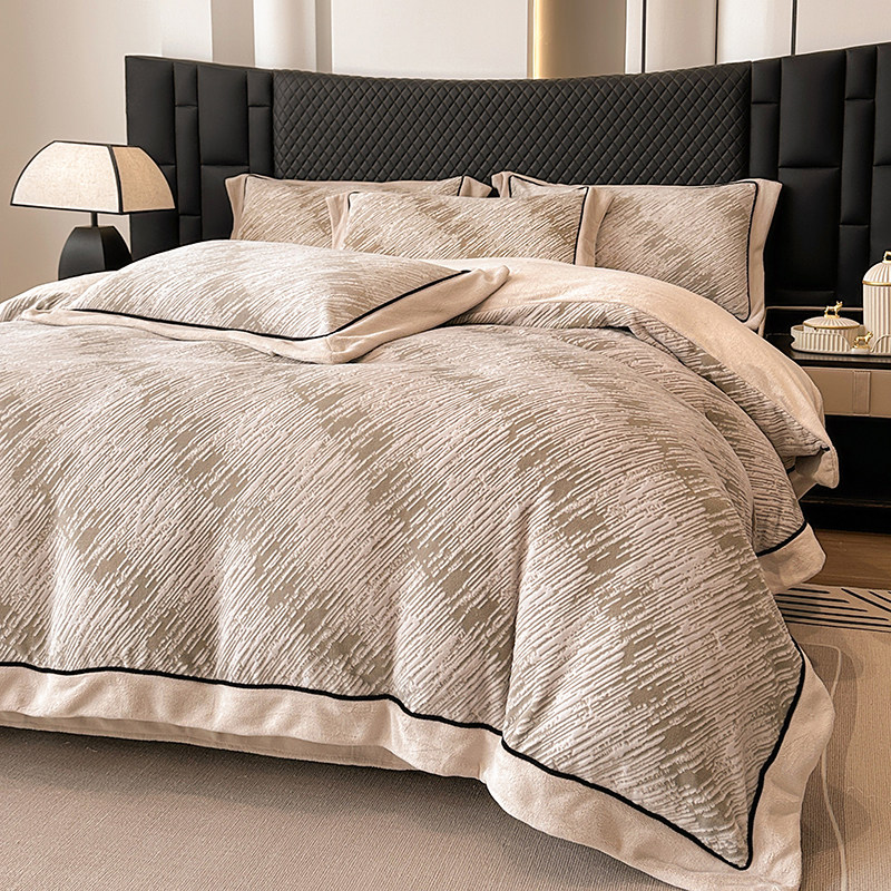 2025新款高克重牛奶绒双色雕花四件套高级感加厚保暖床单床笠款,床上用品,床品套件/四件套/多件套,淘宝优惠券,粉丝福利购,淘宝优惠卷