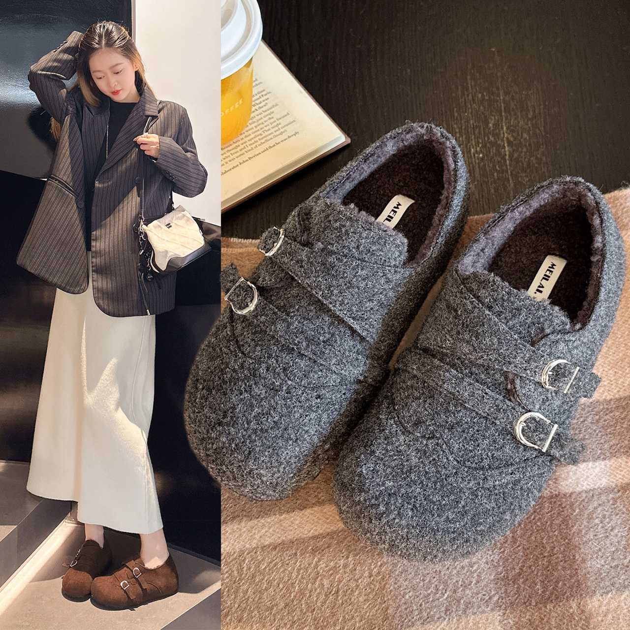 内增高厚底加绒毛呢勃肯鞋女款