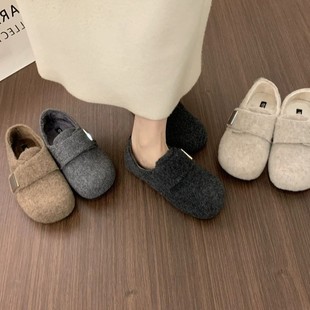 羊毛厚底加绒毛呢勃肯鞋女款2025新款冬季爆款百搭单鞋内增高鞋子