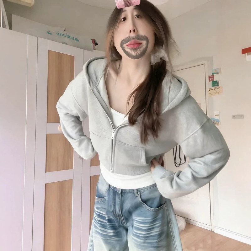 外套女款春秋新款小个子收腰修身拉链上衣灰色短款卫衣女秋季穿搭