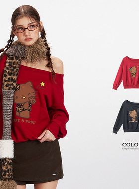 HeyHenry春秋季美式上衣一字领辣妹红色露肩长袖卡通女卫衣套头