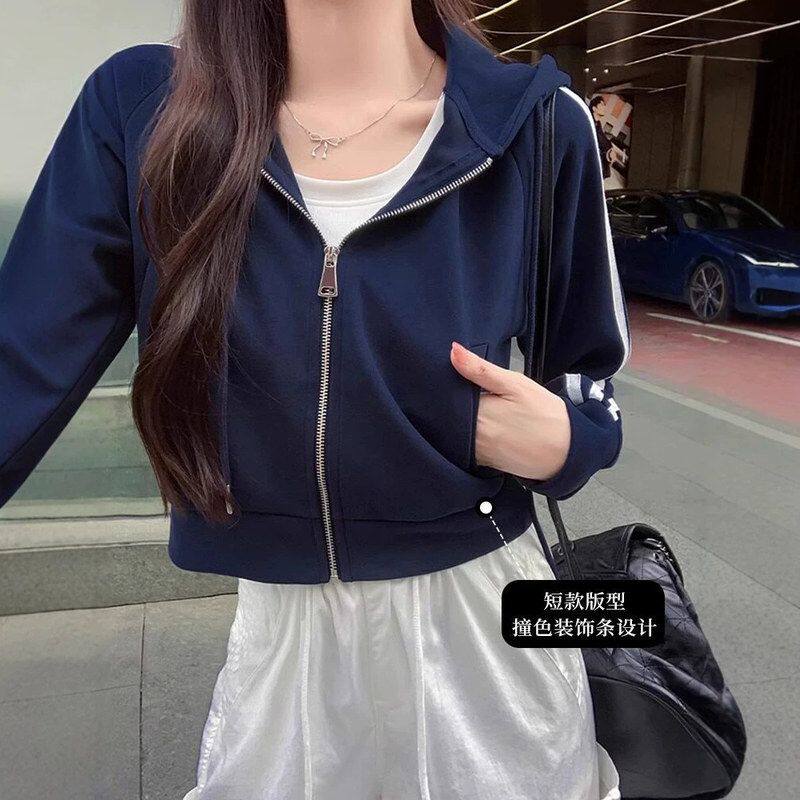 韩系chic三条杠卫衣女秋季外套休闲运动小个子连帽上衣女复古夹克