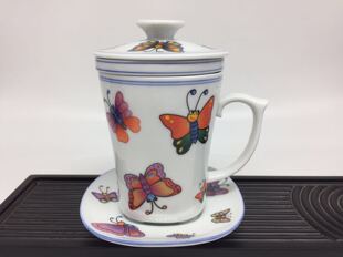 台湾建窑茶具陶瓷蝴蝶青春少女办公杯带过滤内胆淡青百福图3311杯