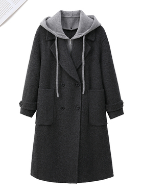 高端100%绵羊毛灰色连帽双面羊毛大衣女中长款2025年冬新款小个子