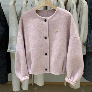 温柔慵懒风毛呢外套女短款 圆领宽松纽扣大衣高级感超好看今年流行