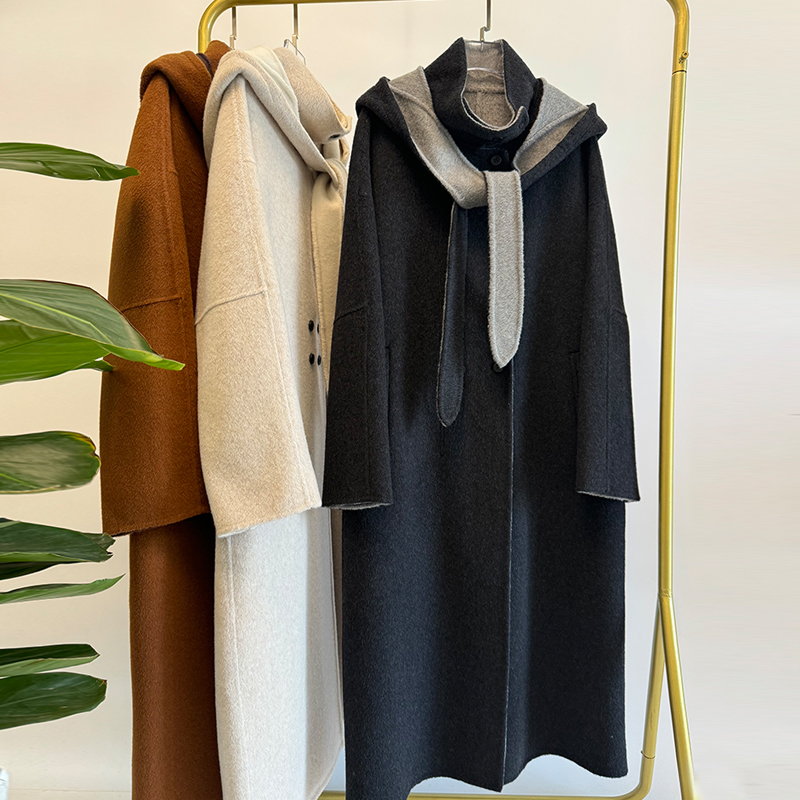 高端连帽大码双面羊绒大衣女好看
