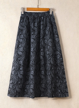 2025新款高腰显瘦大摆印花遮胯中长款宽松a字裙复古毛呢半身裙子