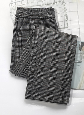 格子九分直筒裤子女秋冬季小个子毛呢阔腿裤文艺厚款磨毛休闲裤潮