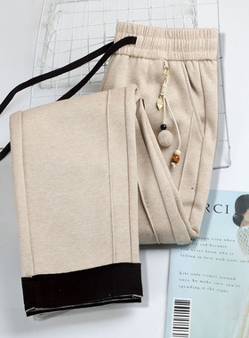 加厚毛呢裤子女2025秋冬加绒慵懒时尚休闲宽松翻边哈伦裤