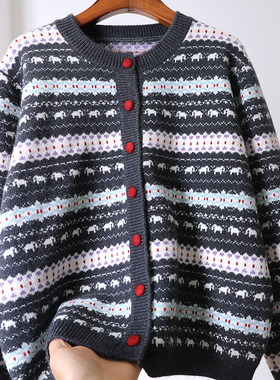 圣诞风提花撞色圆领宽松针织毛线开衫上衣秋冬韩系温柔风百搭外套