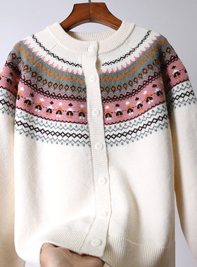 秋冬女装新款韩版提花圆领拉链宽松长袖软糯毛衣开衫外套