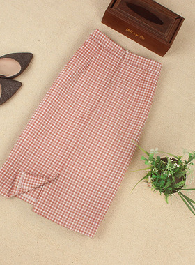 2025新品简约黑白格子中长款后开叉半身裙女百搭一步包臀裙