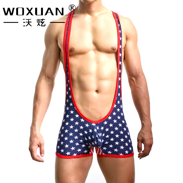woxuan男士连体衣弹性人棉星条旗