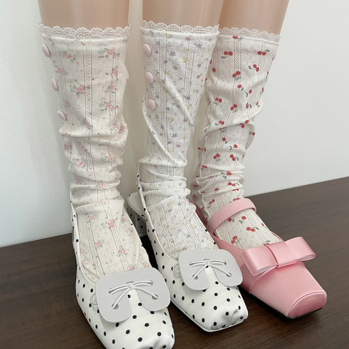 新款田园风碎花少女感春夏薄款袜子罗口蕾丝装饰侧边三纽扣中筒袜