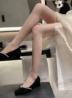 法式温柔晚风斜纹显瘦蕾丝丝袜超薄包芯丝连裤袜白色波点打底袜女