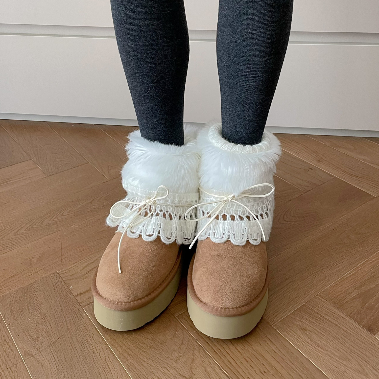 毛绒雪地靴女冬季厚底增高保暖中筒袜蕾丝绑带毛毛袜套花边脚套