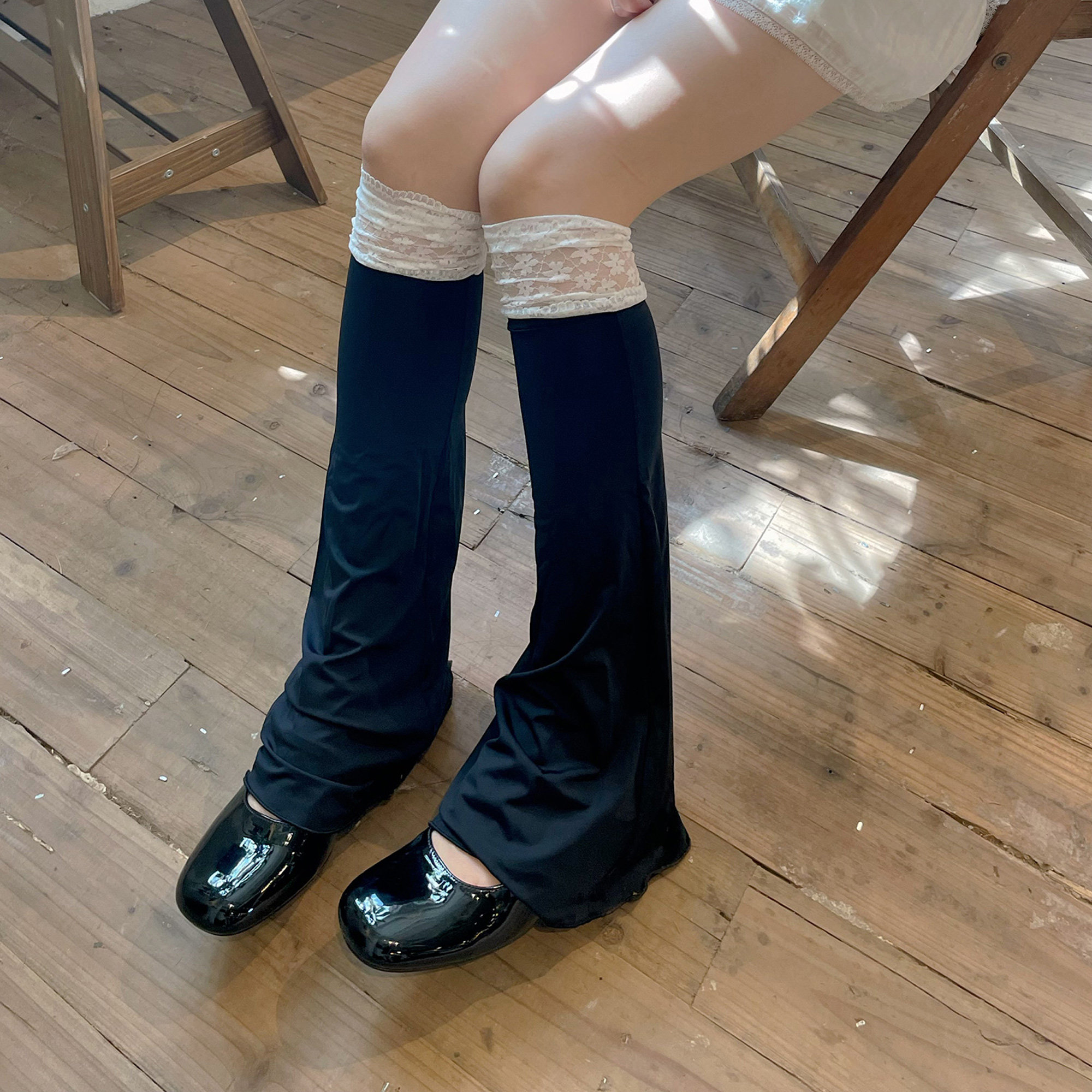 芭蕾风夏季冰凉感UPF50白色阔腿袜套女拼接蕾丝防晒腿套jk堆堆袜