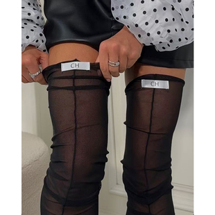 性感纯色过膝袜字母网纱袜女夏季薄款显瘦长筒袜时尚百搭堆堆袜子