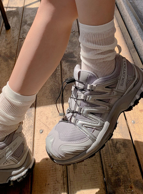 梨鹿 简约春夏miu风走秀款白色袜子女短袜ins潮拼接竖条纹堆堆袜