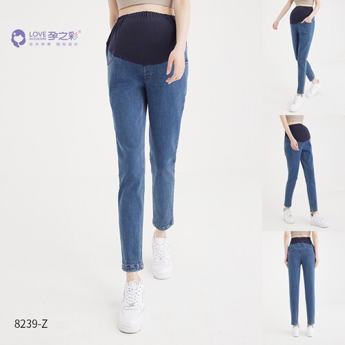 孕之彩秋冬磨毛薄绒锥形裤高腰可调节牛仔裤显瘦百搭气质孕妇裤
