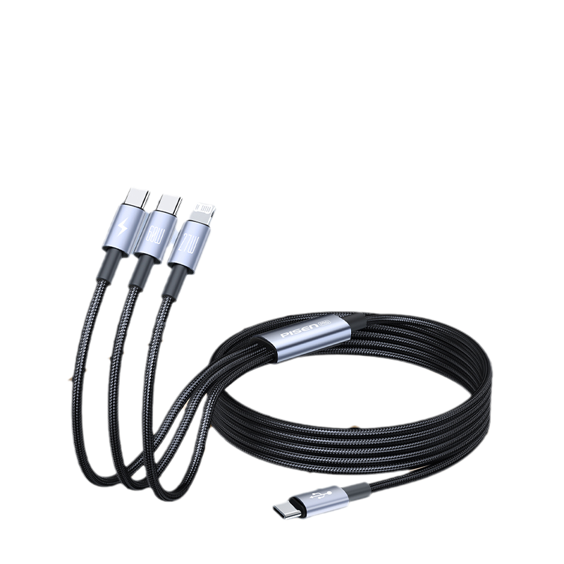 品胜Type-C一拖三数据线双Type-C+lighting三合一快充60W适用华为小米特斯拉苹果15/16/17汽车车