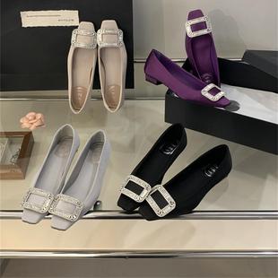 2025春夏经典款水钻低跟鞋气质名媛真丝单鞋秋舒适百搭粗跟女鞋子