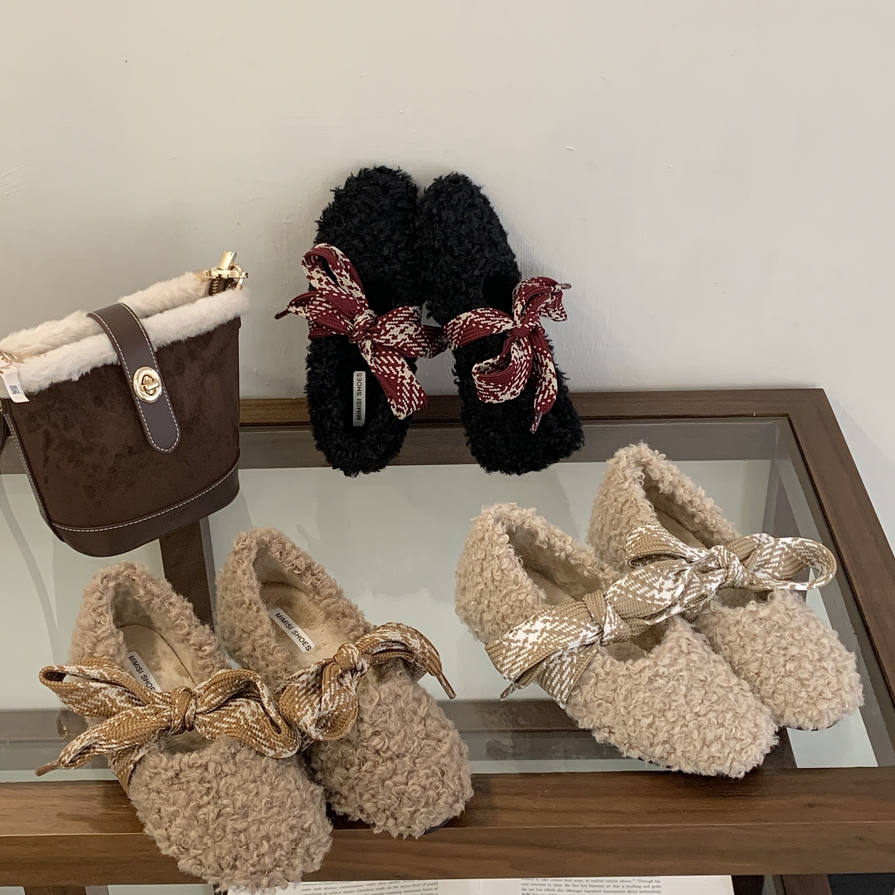 韩版羊卷毛毛鞋女蝴蝶结加绒保暖