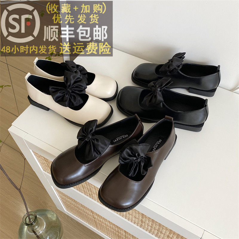 日系复古平底单鞋女秋季新品简约方头蝴蝶结低跟休闲百搭玛丽珍鞋