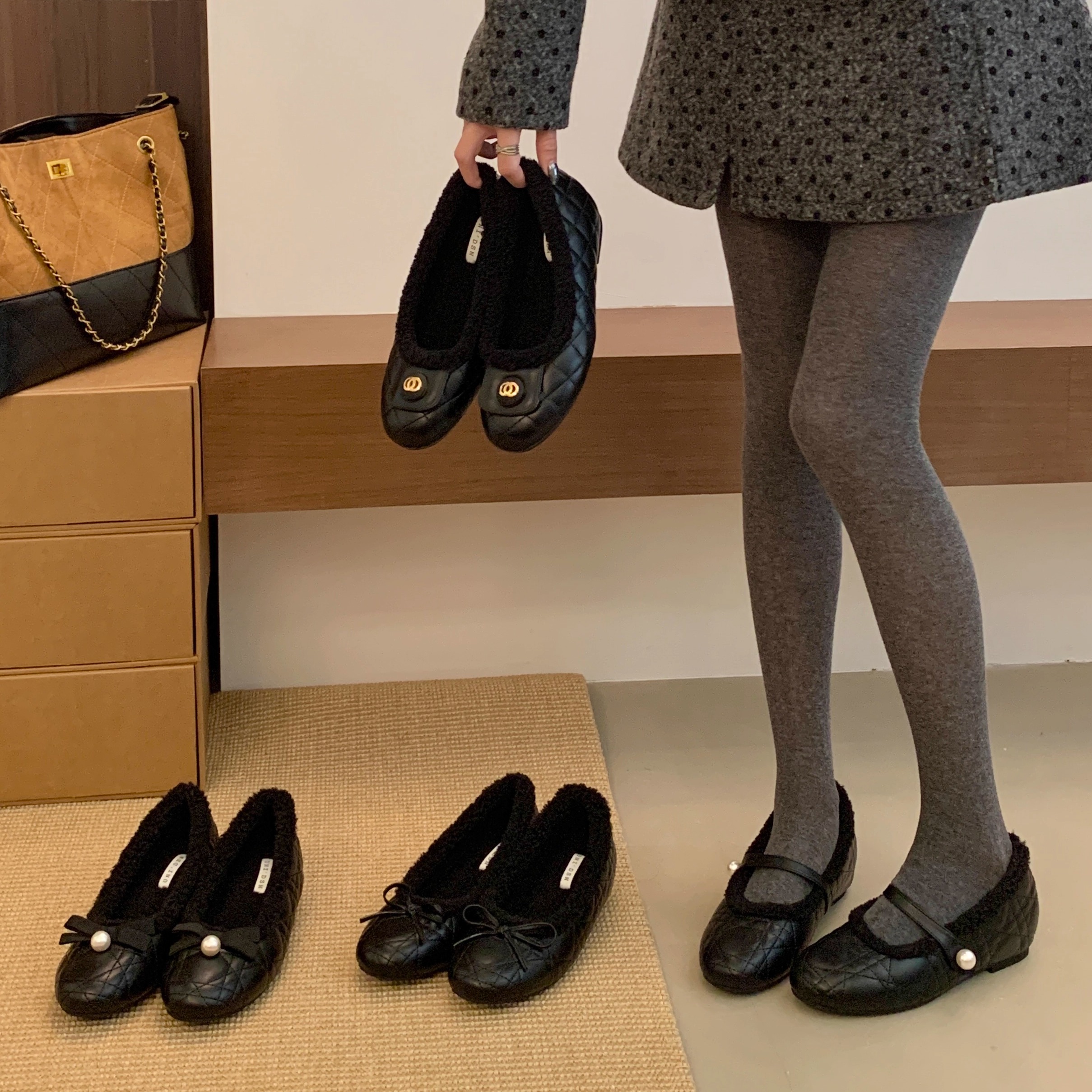 小香风菱格纹内增高玛丽珍鞋