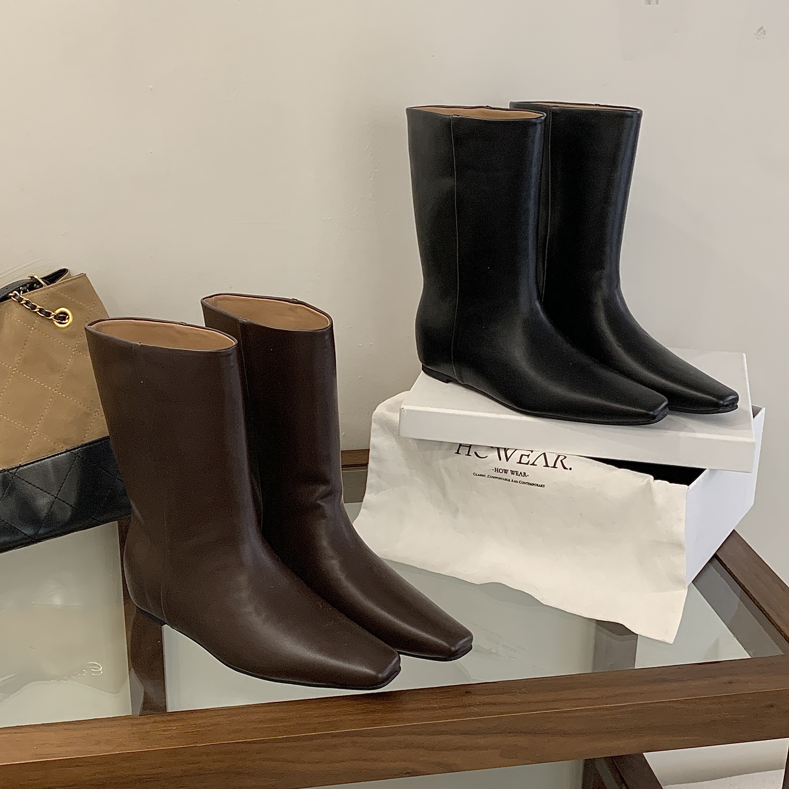 方头内增高不过膝长靴