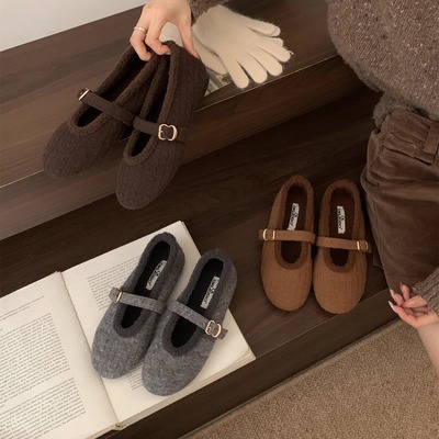 加绒毛呢玛丽珍鞋女平底一字带扣