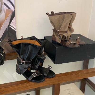 露趾西部凉靴小众长靴真皮凉靴