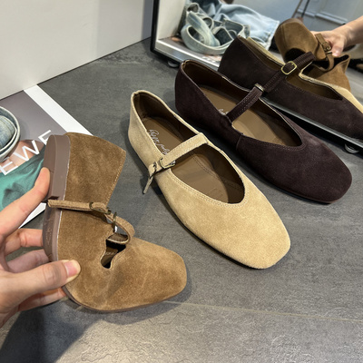 复古方头磨砂真皮一字扣带单鞋女