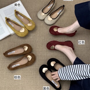 绒面百搭圆头仙女风配裙子女2025新款平底晚晚风浅口单鞋超轻瓢鞋