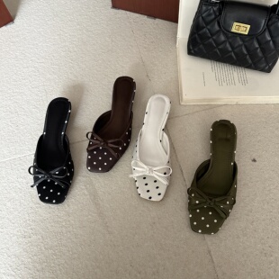 波点蝴蝶结一字拖鞋女夏季外穿大码方头粗跟中跟低跟露趾凉拖凉鞋