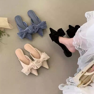 法式蝴蝶结包头半拖鞋女粗跟