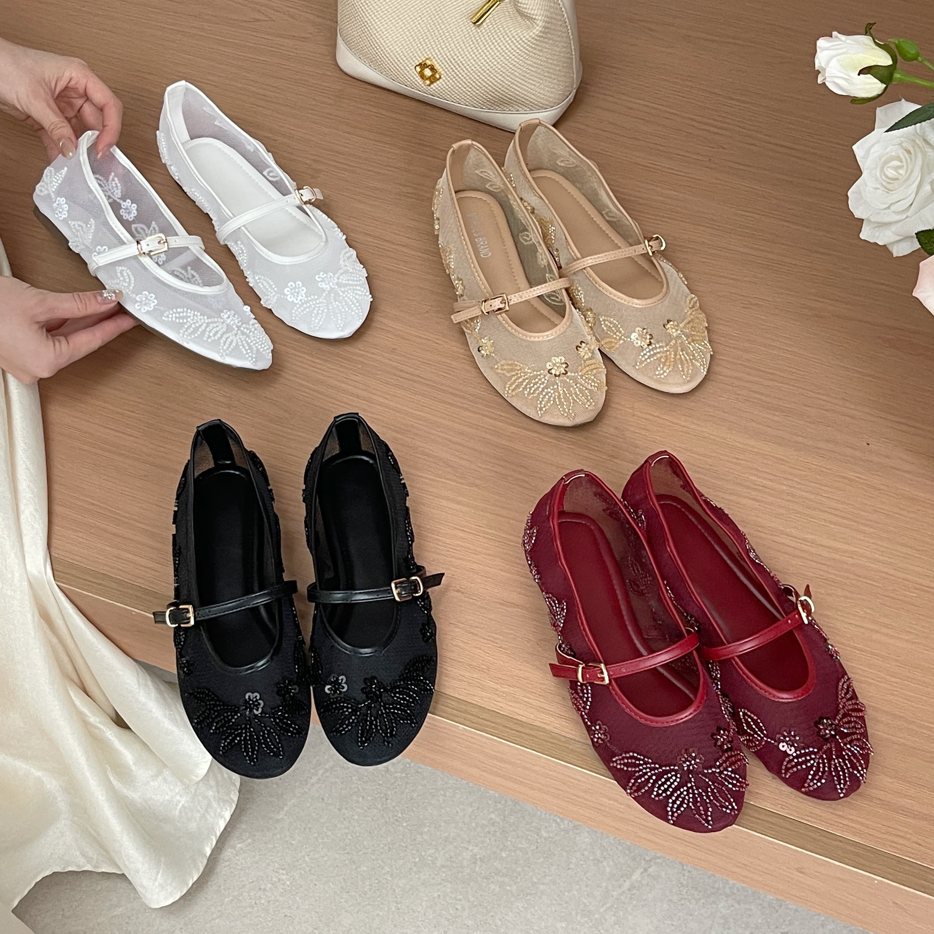 温柔风网纱刺绣花朵玛丽珍鞋女一字扣带平底浅口单鞋透气大码凉鞋,女鞋,浅口单鞋,淘宝优惠券,粉丝福利购,淘宝优惠卷